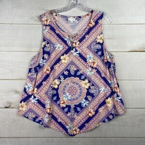 J Jill Top Womens XL Blue Peach Floral Pointed Hem Sleeveless Tie Neck Paisley